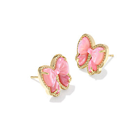 Pink bow-shaped earrings with gold frames on a white background