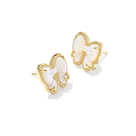 Bow-shaped earrings with gold frames and white centers on a white background