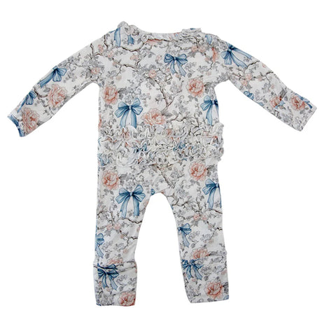 Floral baby onesie with blue bows on a white background