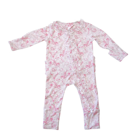 Baby onesie with pink floral pattern on a white background