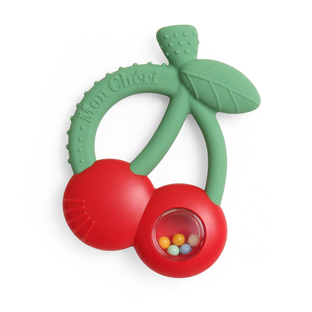 Green and red teething toy shaped like a cherry on a white background