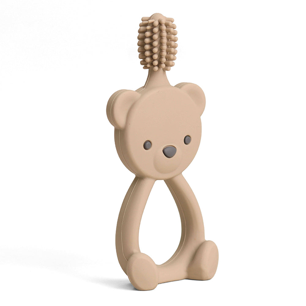 Beige bear-shaped teething ring with textured top on a white background