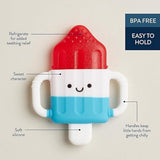 Teething toy designed like a popsicle with text highlighting features on a light gray background