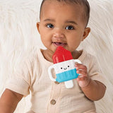 Baby holding a blue and red toy with a happy face on a white background