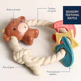 Sensory teething rattle with text highlighting features on a white background