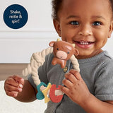 Child holding a toy with text 'Shake, rattle & spin!' on a white background