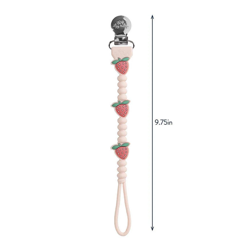 Strawberry-themed pacifier clip with measurement on a white background