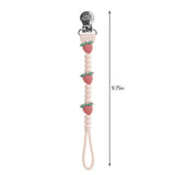 Strawberry-themed pacifier clip with measurement on a white background