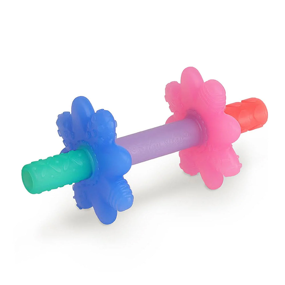 Colorful toy dumbbell with blue, green, purple, pink, and red colors on a white background