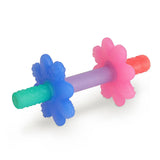 Colorful toy dumbbell with blue, green, purple, pink, and red colors on a white background