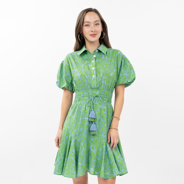 Woman wearing a green patterned dress with a white background