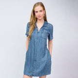 Woman wearing a denim dress against a plain background