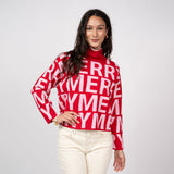 Woman wearing a red sweater with white text on a plain background