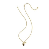 A gold acorn pendant necklace with a glossy dark brown to black stone center, shown on a clean white background.