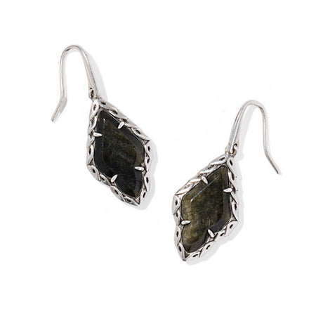 Silver earrings with gemstone drops on a white background