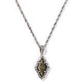 Silver necklace with a diamond-shaped pendant on a white background