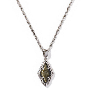 Silver necklace with a diamond-shaped pendant on a white background