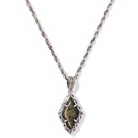 Silver necklace with a diamond-shaped pendant on a white background