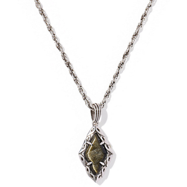 Silver necklace with a diamond-shaped pendant on a white background