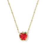 A gold chain necklace featuring a heart-shaped red apple pendant with a gold border and a small green leaf accent, shown on a plain white background.