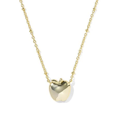 A gold apple pendant necklace on a delicate gold chain, shown against a plain white background.