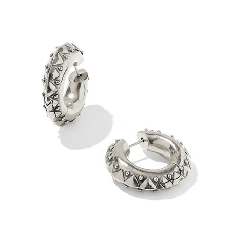 Silver hoop earrings with pyramid designs on a white background