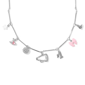 A silver beaded necklace with small dangling charms, including a pink flamingo, a pink heart, a silver moon, and a silver heart, displayed on a clean white background.