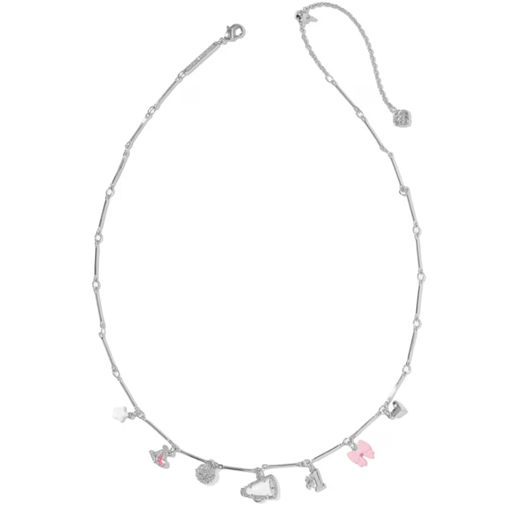 A silver beaded necklace with small dangling charms, including a pink flamingo, a pink heart, a silver moon, and a silver heart, displayed on a clean white background.