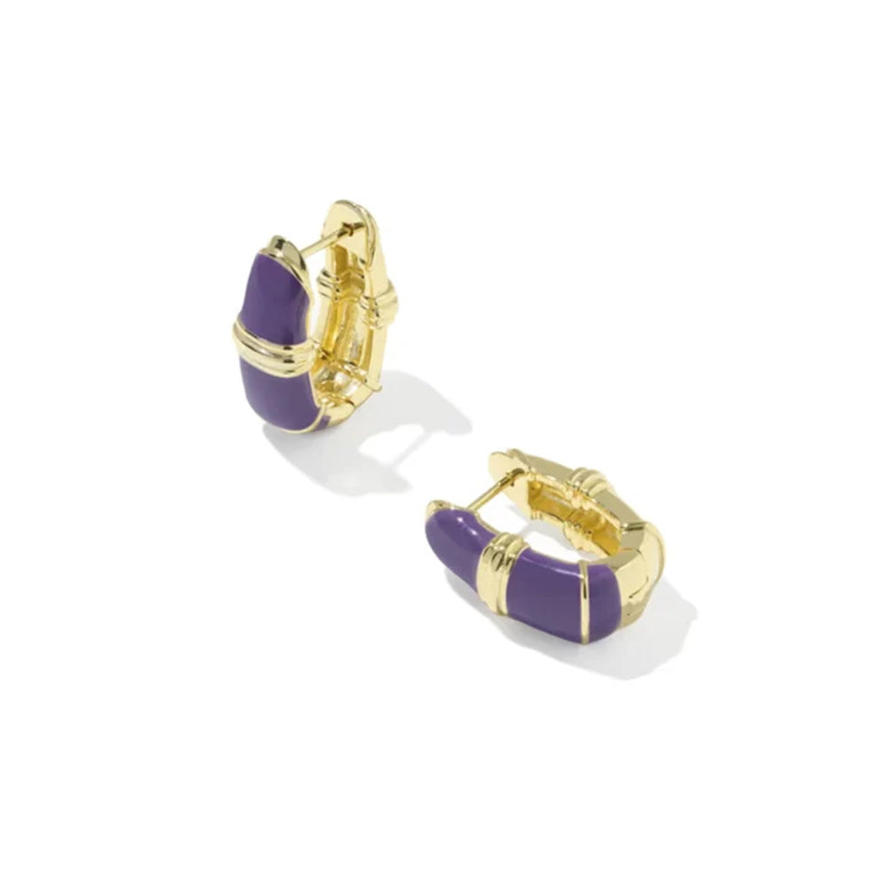 A pair of gold hoop earrings with curved purple enamel inlays, shown on a clean white background.