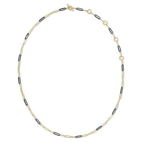 A delicate gold chain necklace featuring alternating small gold oval links and black oval links, displayed on a clean white background.