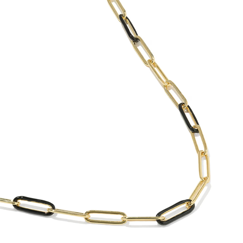 A gold paperclip chain necklace with alternating gold and black paperclip links, displayed on a clean white background.