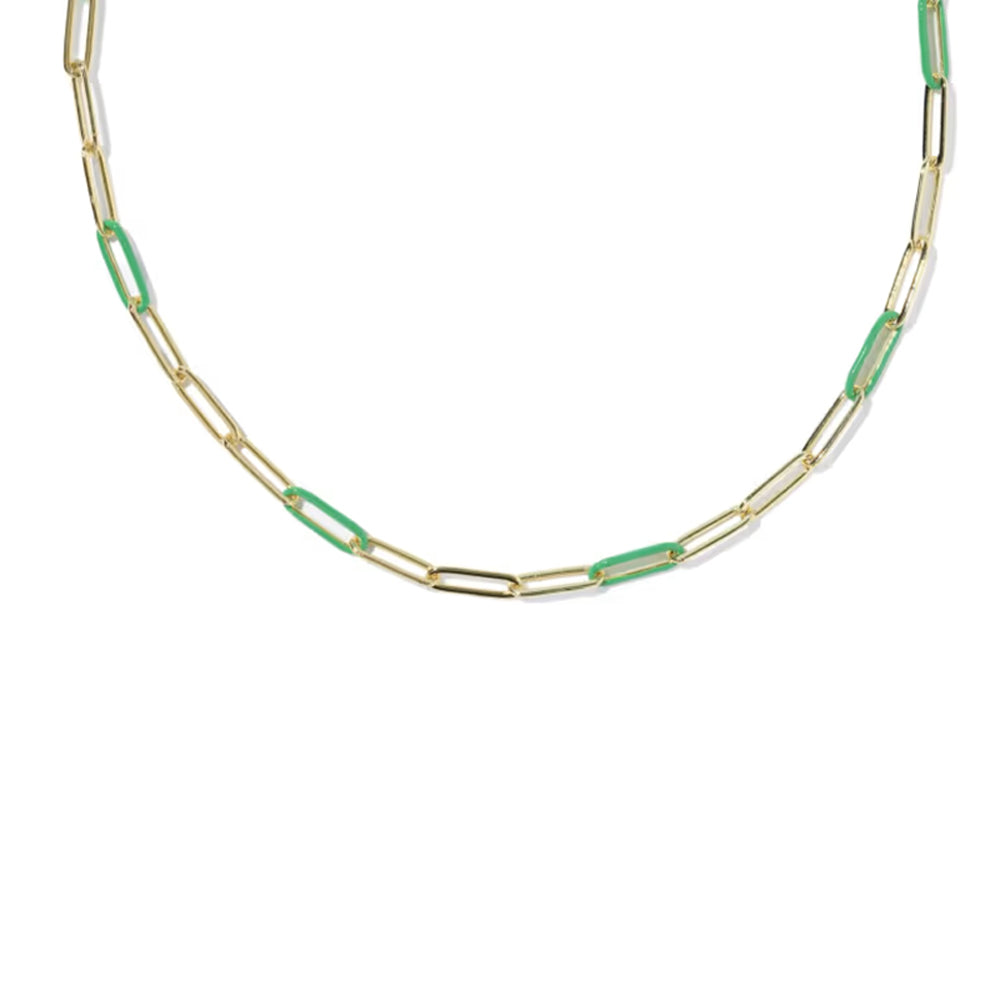 A gold paperclip chain necklace with alternating gold and translucent green paperclip links, shown against a plain white background.