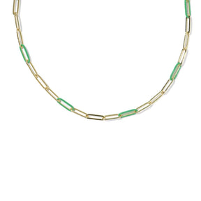 A gold paperclip chain necklace with alternating gold and translucent green paperclip links, shown against a plain white background.