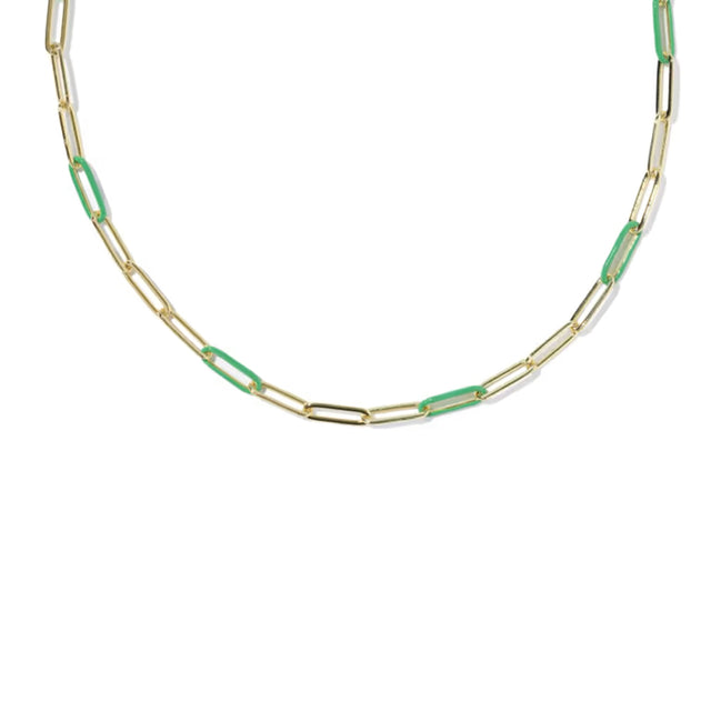 A gold paperclip chain necklace with alternating gold and translucent green paperclip links, shown against a plain white background.