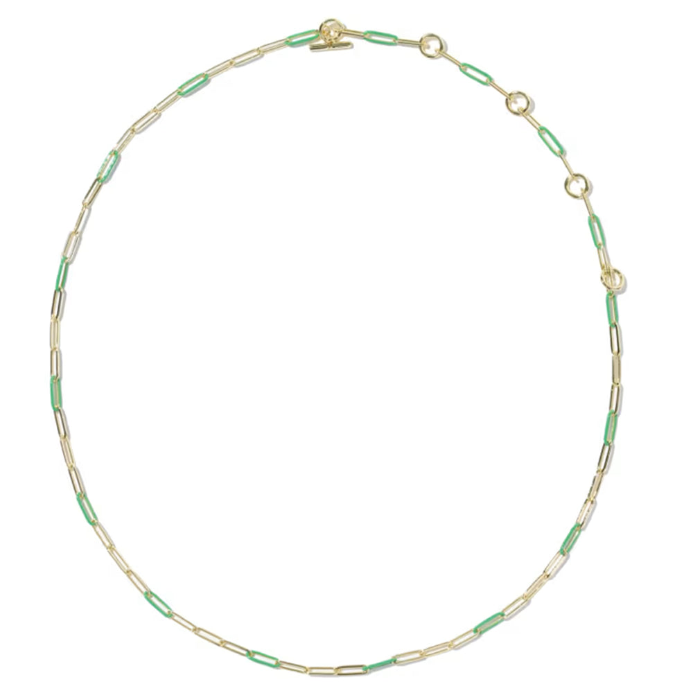 A delicate gold paperclip chain necklace with alternating light green inlay segments, displayed on a clean white background.