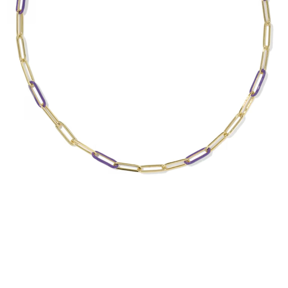 A gold paperclip chain necklace with alternating purple inlay links, displayed on a clean white background.