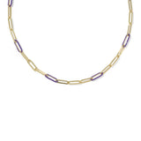 A gold paperclip chain necklace with alternating purple inlay links, displayed on a clean white background.