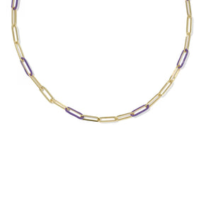 A gold paperclip chain necklace with alternating purple inlay links, displayed on a clean white background.
