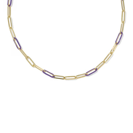 A gold paperclip chain necklace with alternating purple inlay links, displayed on a clean white background.