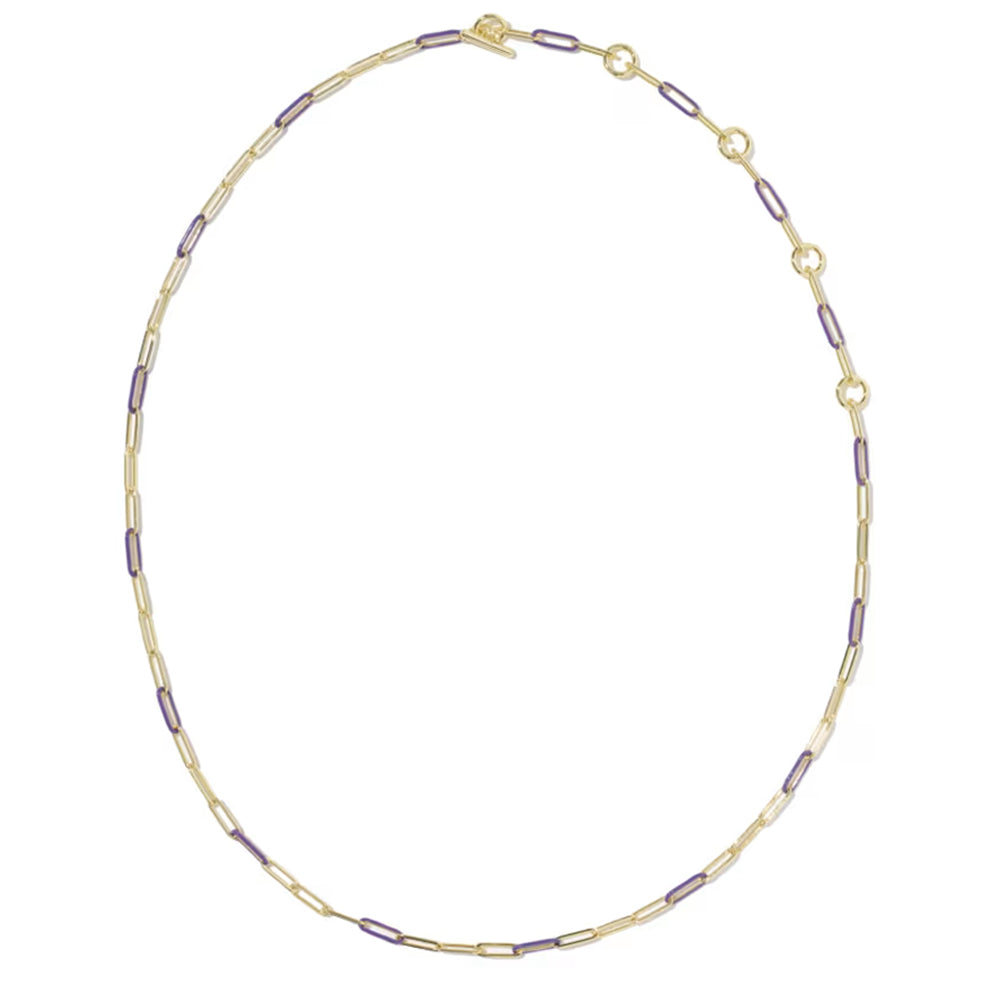 A delicate gold chain necklace featuring alternating gold and purple rectangular links, displayed in an oval shape against a solid white background.