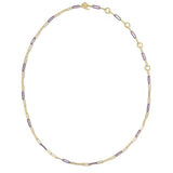A delicate gold chain necklace featuring alternating gold and purple rectangular links, displayed in an oval shape against a solid white background.