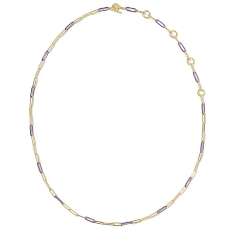 A delicate gold chain necklace featuring alternating gold and purple rectangular links, displayed in an oval shape against a solid white background.