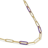 Gold paperclip chain necklace with alternating purple enamel paperclip links, shown on a clean white background.