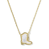 A gold chain necklace featuring a cowboy boot pendant with a milky white mother-of-pearl inlay and a textured gold border, set against a plain white background.