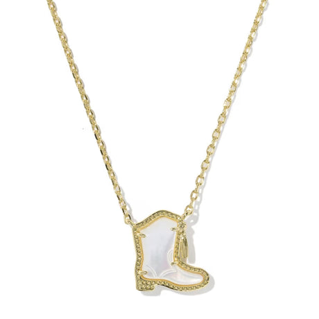 A gold chain necklace featuring a cowboy boot pendant with a milky white mother-of-pearl inlay and a textured gold border, set against a plain white background.