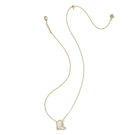 A delicate gold chain necklace featuring a small cowboy boot pendant with a white inlay, displayed on a clean white background.