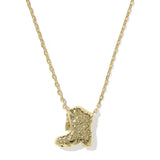 A gold necklace featuring a textured cowboy boot pendant, displayed against a clean white background.