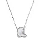 A silver-toned necklace featuring a cowboy boot pendant with a white iridescent inlay and small clear stones along the edges, shown against a plain white background.