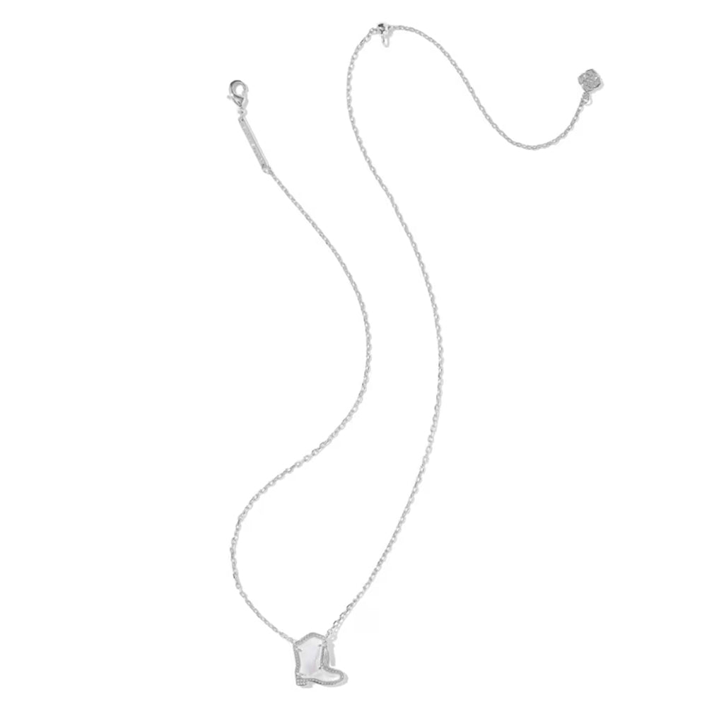 A delicate silver chain necklace featuring a small boot-shaped pendant, displayed on a clean white background.