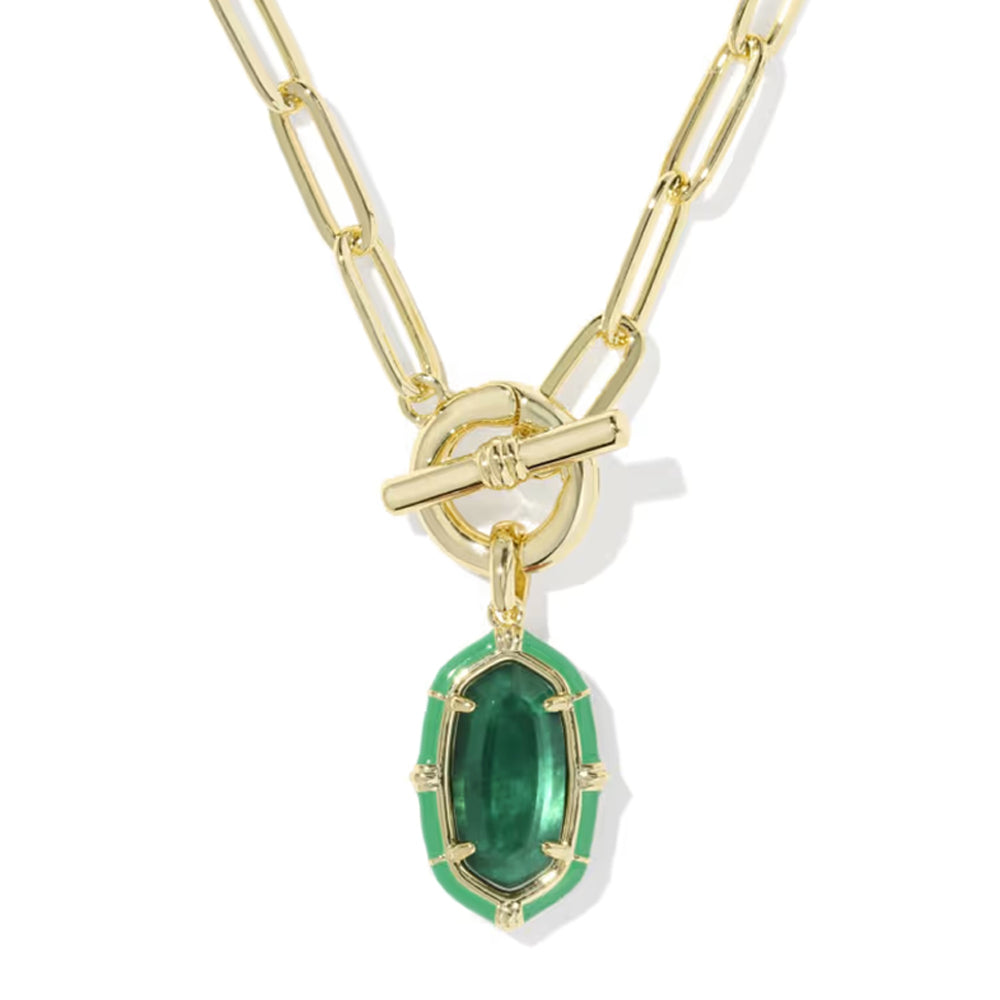 A gold paperclip chain necklace with a toggle clasp and a dangling green marquise-shaped gemstone pendant, shown on a clean white background.